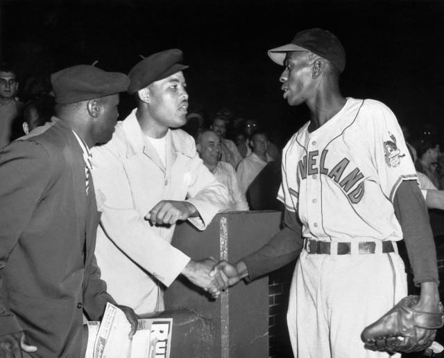 Joe Louis and Satchel Paige meet at Comiskey Park, 1948