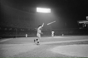 Cleveland Municipal Stadium, August 18, 1961 – Mantle tosses bat in frustration in making final out of game