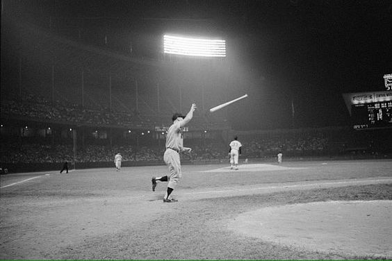 Cleveland Municipal Stadium, August 18, 1961 – Mantle tosses bat in frustration in making final out of game
