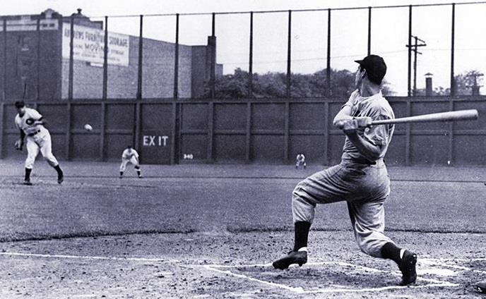 League Park, Cleveland, OH, July 16, 1941 – Joe DiMaggio extends his hitting streak to 56 games