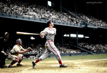 Shibe Park, Philadelphia, PA, May 21,1946 – Musial up at bat in 4-3 loss to Phillies