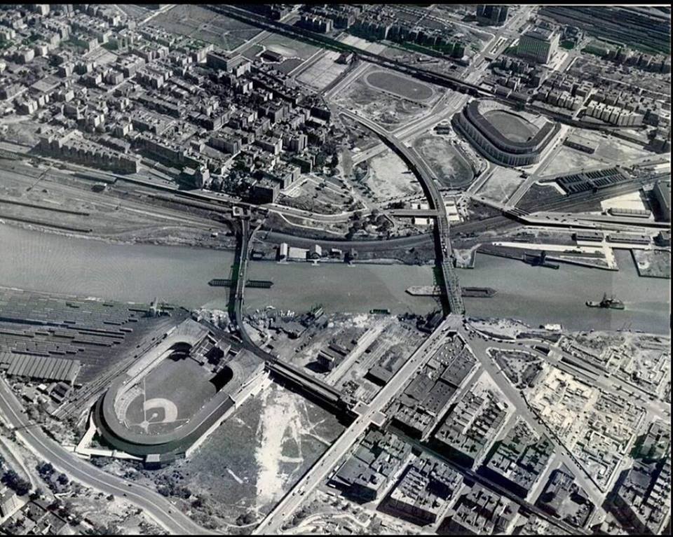 Polo Grounds and Yankee Stadium, New York City, ca 1943 – Only the Harlem River separates these two beauties