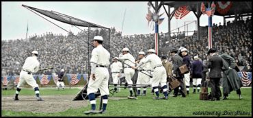 Hilltop Park, Manhattan, NY, April 21, 1911 – Don Stokes colorization of Higlanders taking batting practice before home opener