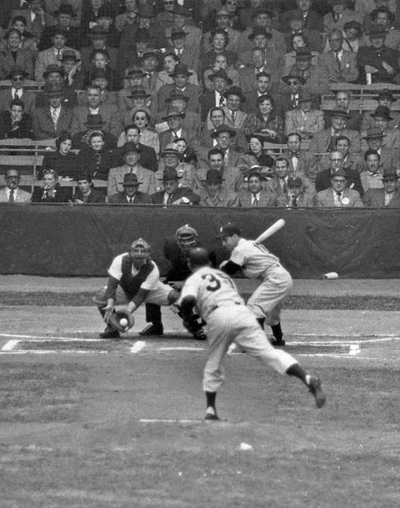 Shibe Park, Philadelphia, PA, October 4, 1950 – Jim Konstanty’s first pitch to the Yankees Phil Rizzuto in the 1950 World Series