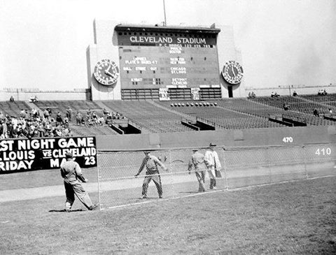 Cleveland Municipal Stadium, Cleveland, OH, April, 26, 1947 – Indians owner Bill Veeck shortens dimensions of outfield walls