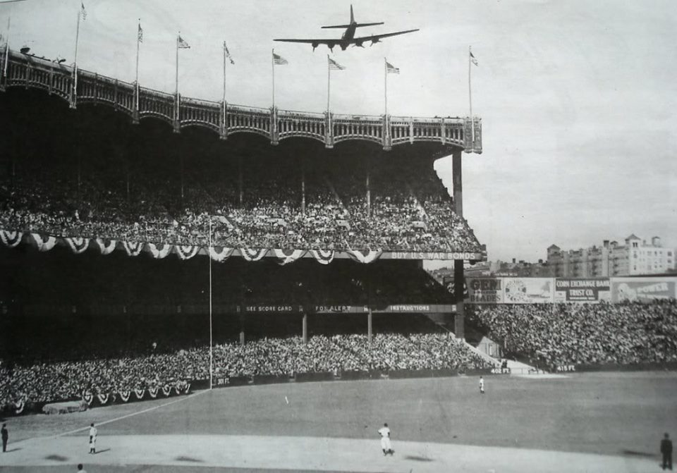 Yankee Stadium, Bronx, NY, October 5, 1943 â B-17 Flying Fortress bombers makes a surprise visit during the first game of the 1943 World Series