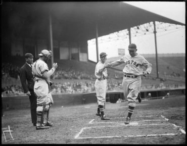 Braves Field, Boston, MA, April 17, 1937 – Pinky Higgins homers against Braves in 7-5 Red Sox win