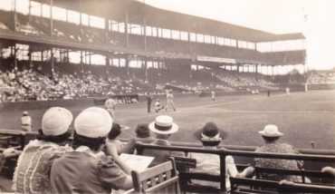 Sportsman Park, St Louis, MO, June 7, 1941 – Yanks Joe DiMaggio looks to extend his hitting streak to 22 games against the Browns
