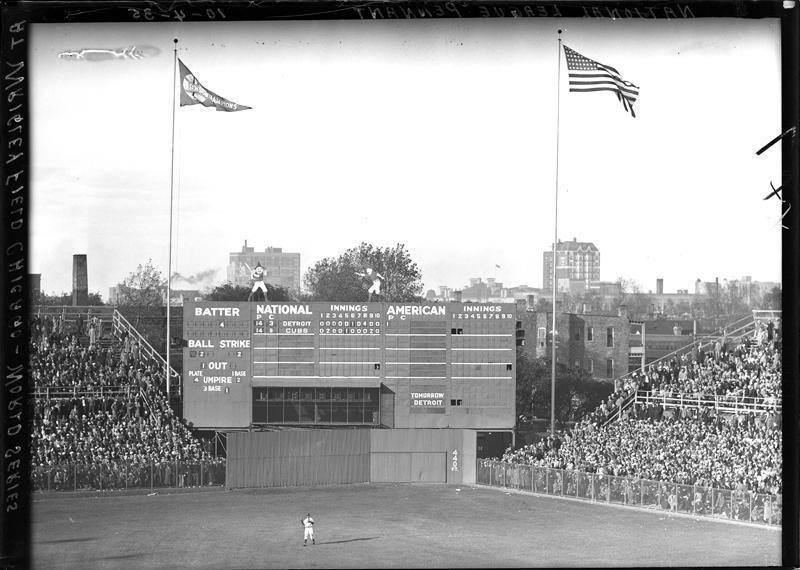 Wrigley Field, Chicago, IL, October 4, 1935 – A look at the original scoreboard during the 1935 World Series