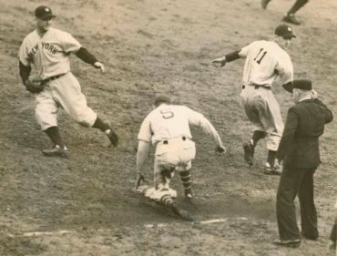 Polo Grounds, Manhattan, NY, October 10, 1937 – Final out of the 1937 World Series as Yankees repeat as champs against Giants