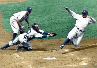 Yankee Stadium, Bronx, NY, August 14, 1934 – Ruth out at home as Tigers Ray Hayworth applies tag
