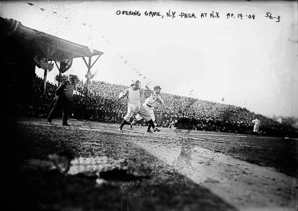 Hilltop Park, Manhattan, NY, April 14, 1908 – Opening Day action between the Philadelphia A’s and NY Highlanders