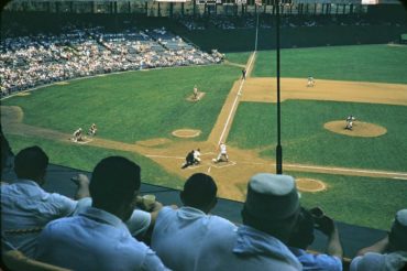 Polo Grounds, Manhattan, NY, June 16, 1957 – Reds slugger Ted Kluszewski up at bat in first inning against Giants Ray Crone