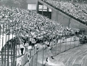County Stadium, Milwaukee, WI, July 12, 1955 – Willie Mays robs Ted Williams of a home run in 1955 All-Star game