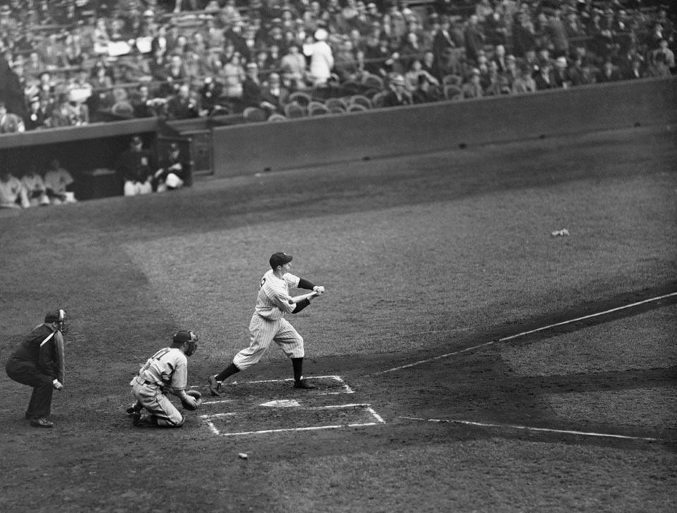Yankee Stadium, Bronx, NY, May 3, 1936 – Yankees phenom Joe DiMaggio in his first at-bat in the Major Leagues