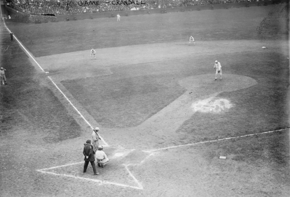 Shibe Park, Philadelphia, PA, October 10, 1913 – A’s Chief Bender tries to hold off rallying Giants in Game 4 of 1913 World Series