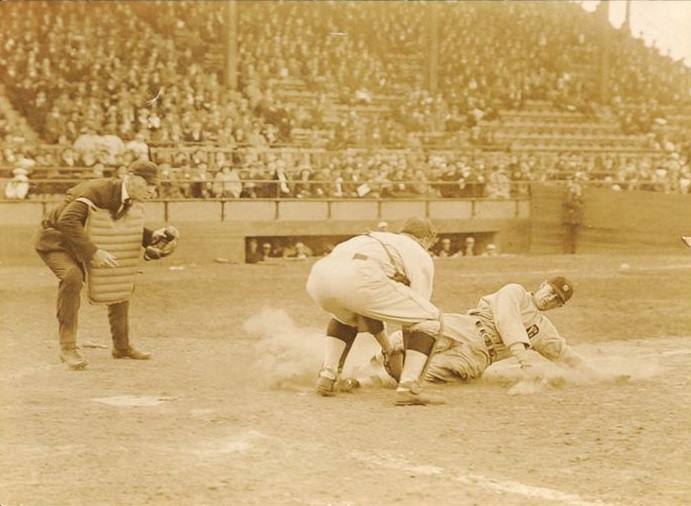 Sportsman Park, St Louis, MO, April 21, 1923 – Tigers’ Topper Rigney is a tad early sliding home in 16-1 rout of St Louis Browns