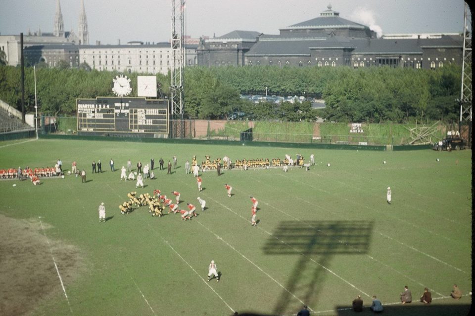 NFL in Ballpark Series:  Forbes Field, Pittsburgh 9/25/49 – Steelers clobber NY Giants 28-7 in season opener