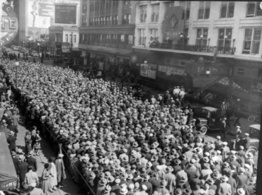 Denver, CO, October 5, 1927 – Big crowd follows Game 1 of 1927 World Series by animatronic scoreboard in front of Denver Post headquarters