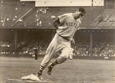 Briggs Stadium, Detroit, MI, August 29, 1957 – Ted Williams hits his 33rd homer of the season in Red Sox 1-0 win over Tigers