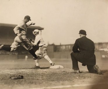 Shibe Park, Philadelphia, September 3, 1929 – A hustling Gehrig is out at first base as Yankees are routed by Athletics 10-2